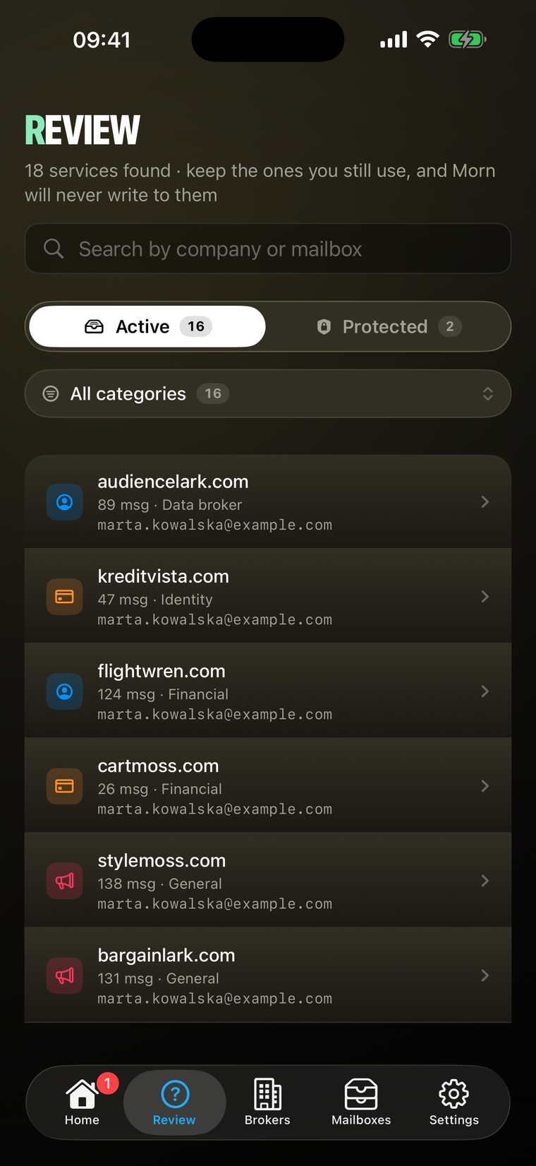 Review: the companies found, with a Protected tab for the ones you still use