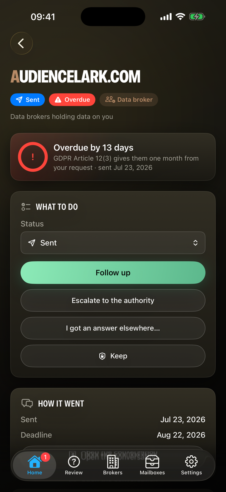 A case that is overdue by 11 days, with Follow up and Escalate to the authority as the next steps