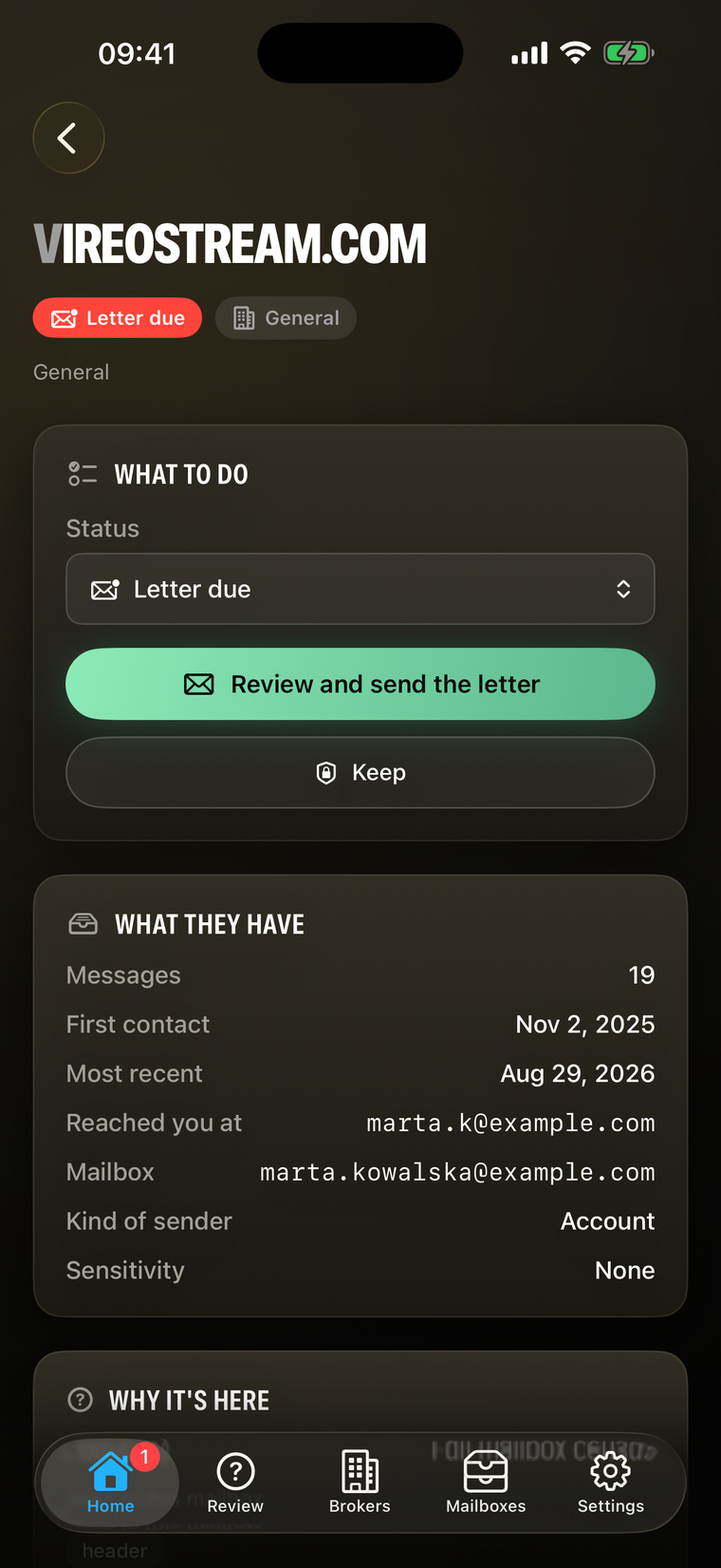 A case: the verified privacy contact, where it was found, and the letter ready to review